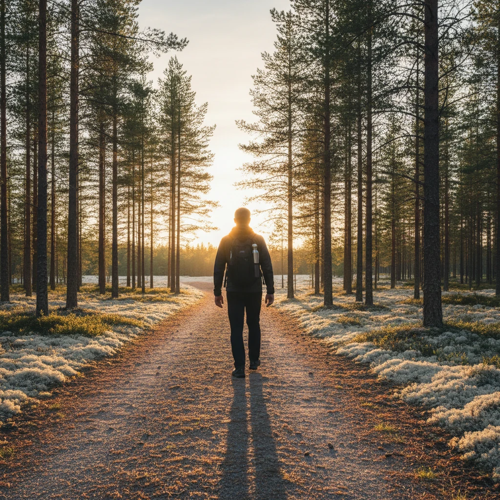 Anonyymi mies kävelee pohjoismaisessa metsässä auringonlaskussa - aktiivinen elämäntapa